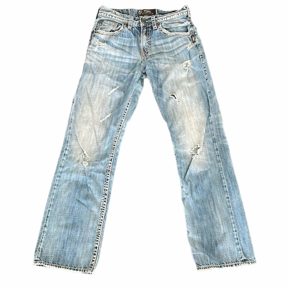 Sz31/34 Men’s Silver Geordie light washed distressed denim VGUC